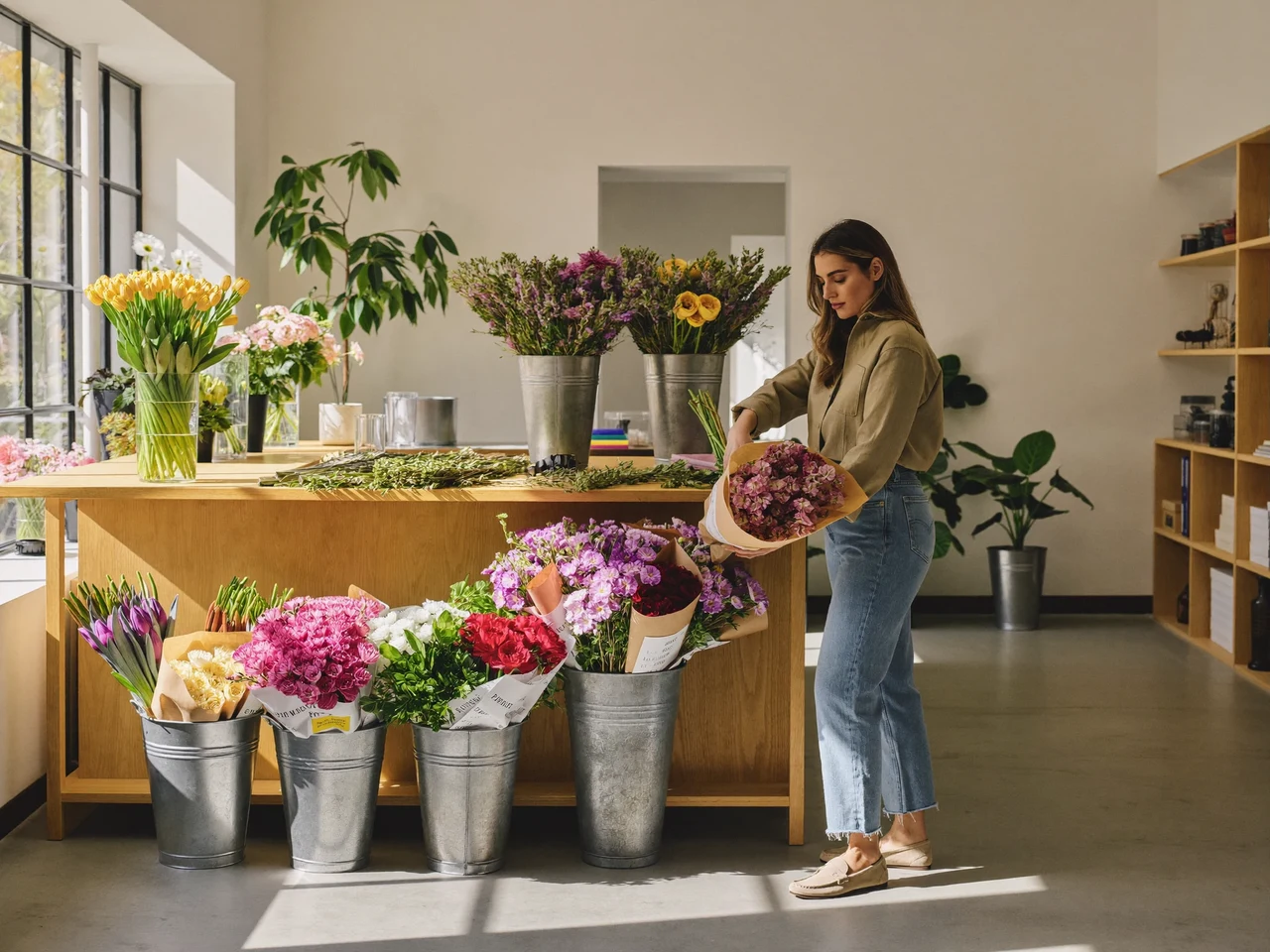Lyst nordisk blomsterværksted med spande af snitblomster og planter i morgenlys