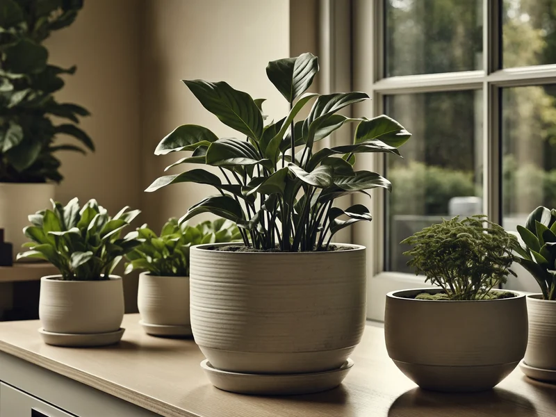 Stueplanter i matte keramikpotter på en lys træreol ved vinduet